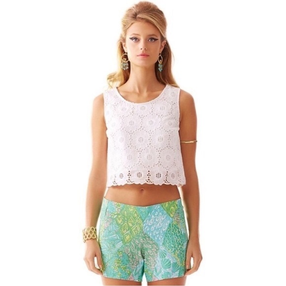 Lilly Pulitzer • Deenie Sun Dance White Green Patterned Shorts - Picture 2 of 7